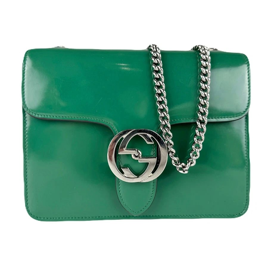 GUCCI INTERLOCKING G CHAIN SHOULDER BAG: GUCCI Interlocking G Chain Shoulder Bag Brand: GUCCI Type: Shoulder Bag Material: Leather x Metal Color: Green / Silver Size: W:7.5inx H:6.3inx D:2.0in Shoulder Length: 47.2in Accessories: None