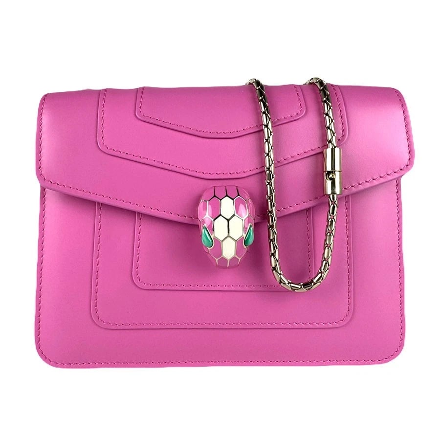 BVLGARI SERPENTI FOREVER CHAIN SHOULDER BAG: BVLGARI Serpenti Forever Chain Shoulder Bag Brand: BVLGARI Type: Shoulder Bag Material: Leather Color: Pink Size: W:7.5inx H:5.9inx D:1.6in Shoulder Length: 43.3in Accessories: None Access