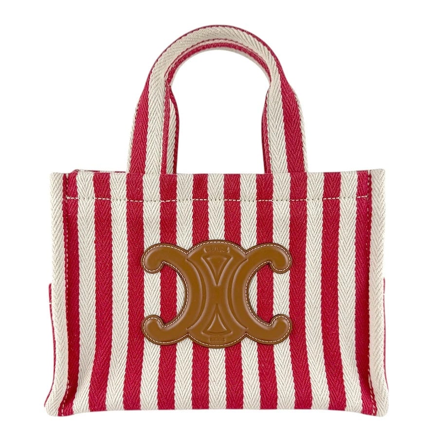 CELINE SMALL CABAS THAIS HANDBAG SHOULDER BAG HANDBAG: CELINE Small Cabas Thais Handbag Shoulder Bag Handbag Brand: CELINE Type: Handbag Material: Canvas x Leather Color: Red/Off White/Brown Size: W:10.2inx H:7.1inx D:5.1in Handle Length:11.4in Acces