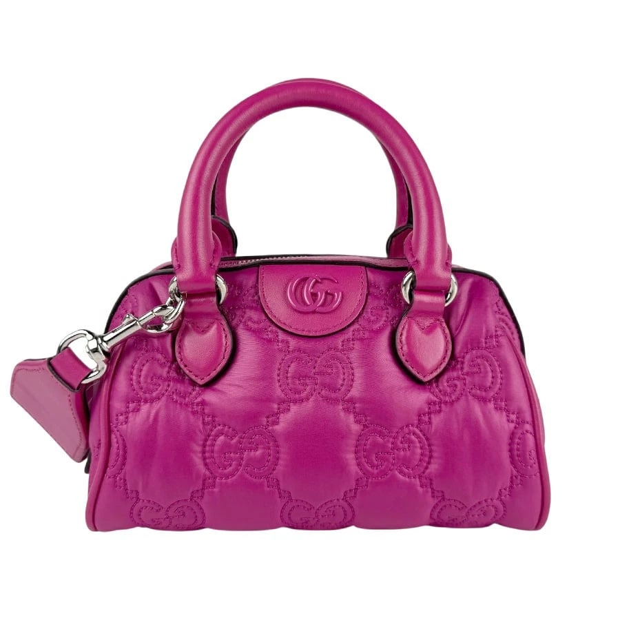 GUCCI GG MATELASSE HANDBAG SHOULDER BAG 3-WAY BAG HANDBAG: GUCCI GG Matelasse Handbag Shoulder Bag 3-Way Bag Handbag Brand: GUCCI Type: Handbag Material: Nylon Color: Magenta Size: W:8.3inx H:5.1inx D:3.5in Handle Length:10.6in Accessories: None