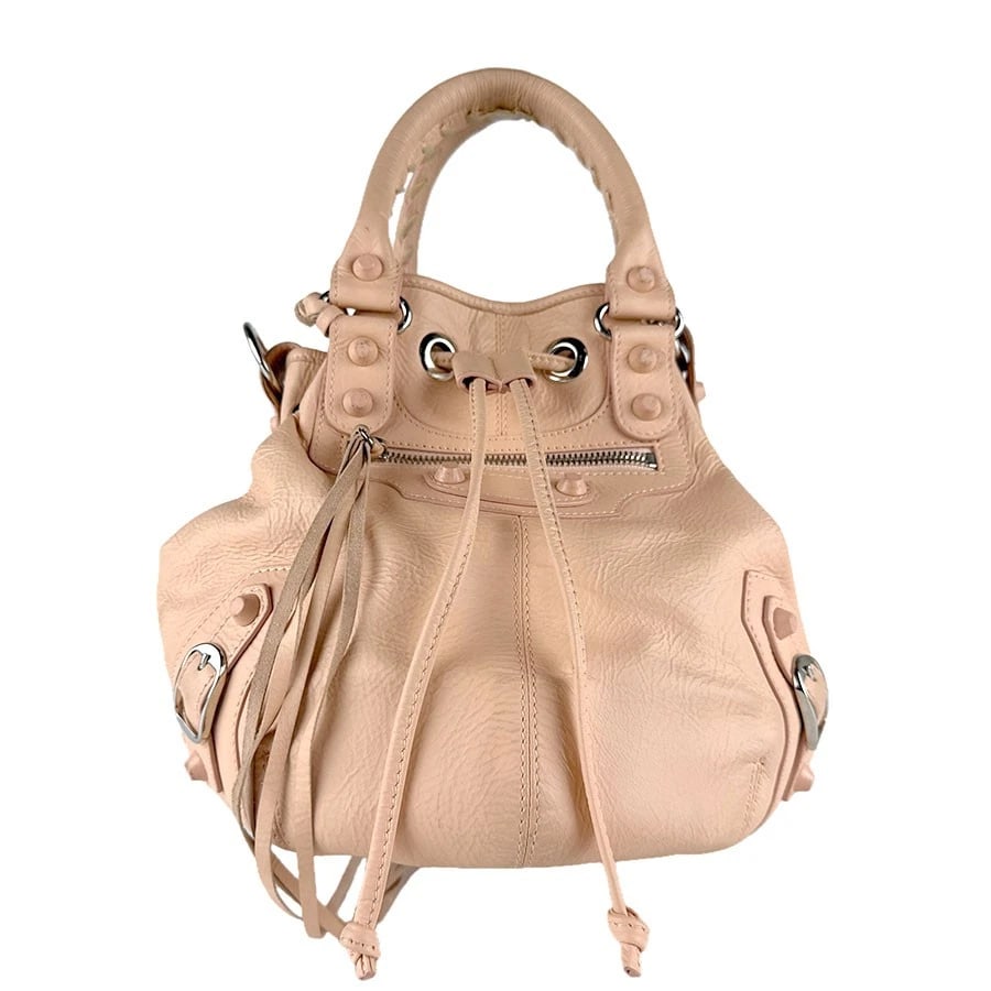 BALENCIAGA MINI POMPON HANDBAG SHOULDER BAG HANDBAG: BALENCIAGA Mini PomPon Handbag Shoulder Bag Handbag Brand: BALENCIAGA Type: Handbag Material: Leather Color: Pink Beige Size: W:6.3inx H:9.1inx D:7.9in Handle Length:12.2in Accessories: None <