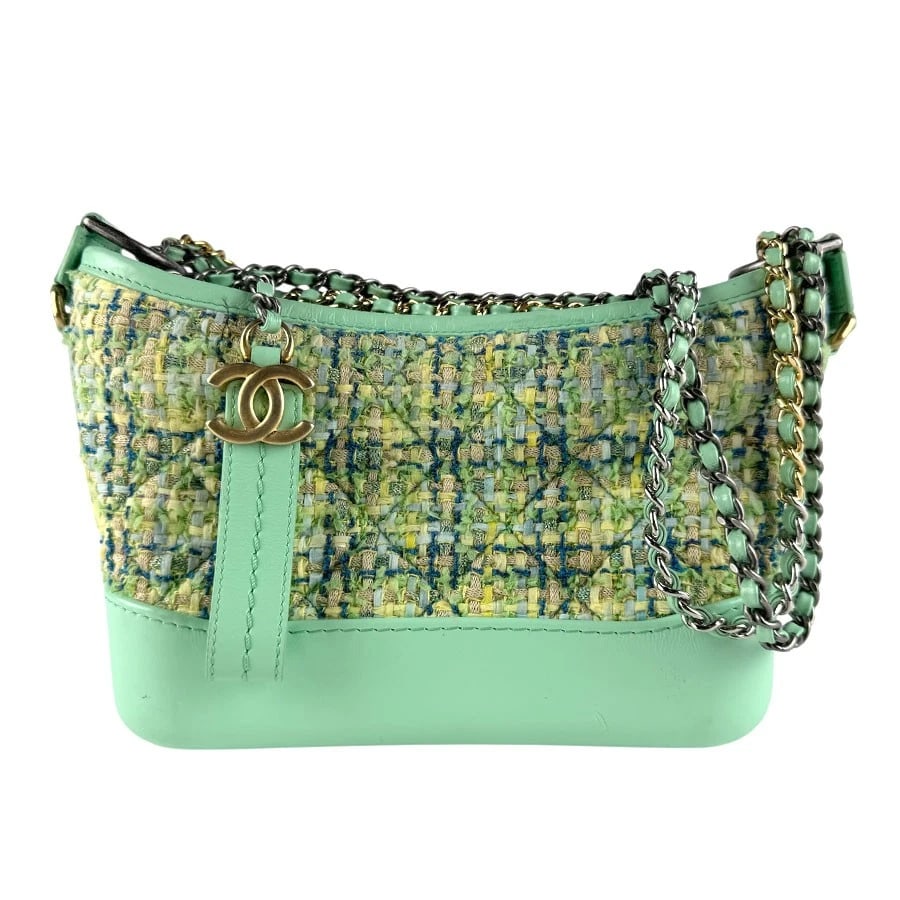CHANEL GABRIELLE SMALL SHOULDER BAG: CHANEL Gabrielle Small Shoulder Bag Brand: CHANEL Type: Shoulder Bag Material: Tweed x Leather Color: Light Green/Multicolor Size: W:7.9inx H:5.1inx D:3.1in Shoulder Length: 66.1in Accessories: N