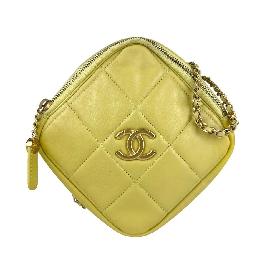 CHANEL CHAIN SHOULDER BAG: CHANEL Chain Shoulder Bag Brand: CHANEL Type: Shoulder Bag Material: Leather x Metal Color: Yellow Green/Gold Size: W:7.1inx H:7.1inx D:1.6in Shoulder Length: 45.7in Accessories: None Acce