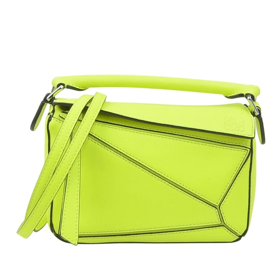 LOEWE PUZZLE MINI SHOULDER BAG: LOEWE Puzzle Mini Shoulder Bag Brand: LOEWE Type: Shoulder Bag Material: leather Color: Neon Yellow Size: W:6.7inx H:4.3inx D:2.8in Handle Length:8.7in Accessories: None Accessories Notice