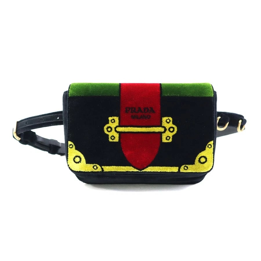 PRADA CROSSBODY SHOULDER BAG BELT BAG CROSSBODY SHOULDER BAG: PRADA Crossbody Shoulder Bag Belt Bag Crossbody Shoulder Bag Brand: PRADA Type: Crossbody Shoulder Bag Material: velvet Color: Black / Multicolor Size: W:6.9inx H:5.1inx D:1.6in Shoulder Length: 2
