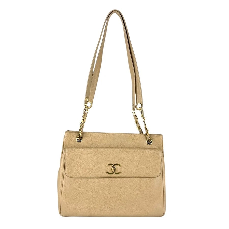 CHANEL SHOULDER BAG BEIGE/GOLD LEATHER/METAL SHOULDER BAG (1 of 12)