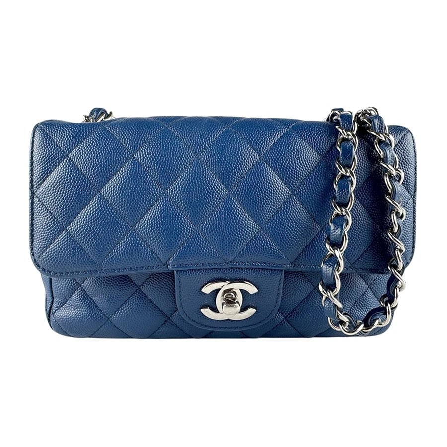 CHANEL MATELASSE CHAIN SHOULDER BAG: CHANEL Matelasse Chain Shoulder Bag Brand: CHANEL Type: Shoulder Bag Material: Caviar Skin Leather x Metal Color: Navy Blue/Silver Size: W:7.9inx H:5.1inx D:2.4in Shoulder Length: 40.9in Accessor