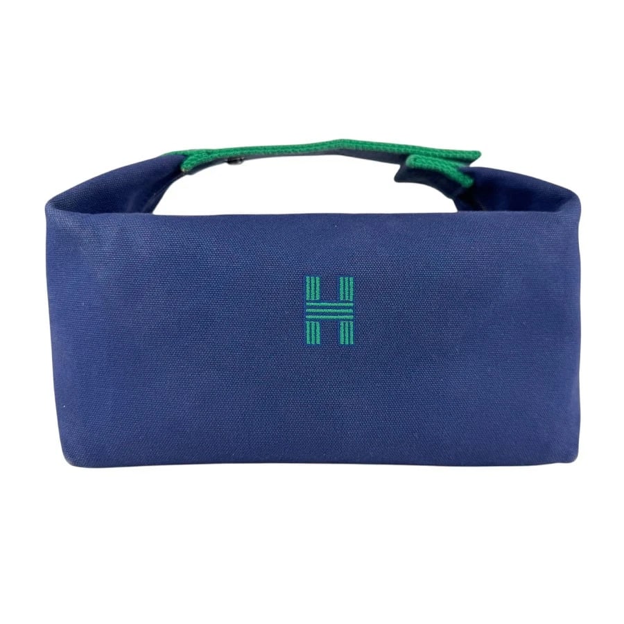HERMES HANDBAG NAVY BLUE/GREEN COTTON/SILVERRONE HANDBAG: HERMES Handbag Navy Blue/Green Cotton/Silverrone Handbag Brand: HERMES Type: Handbag Material: Cotton Color: Navy Blue/Green Size: W:9.8inx H:5.5inx D:5.9in Handle Length:13.0in Accessories: None