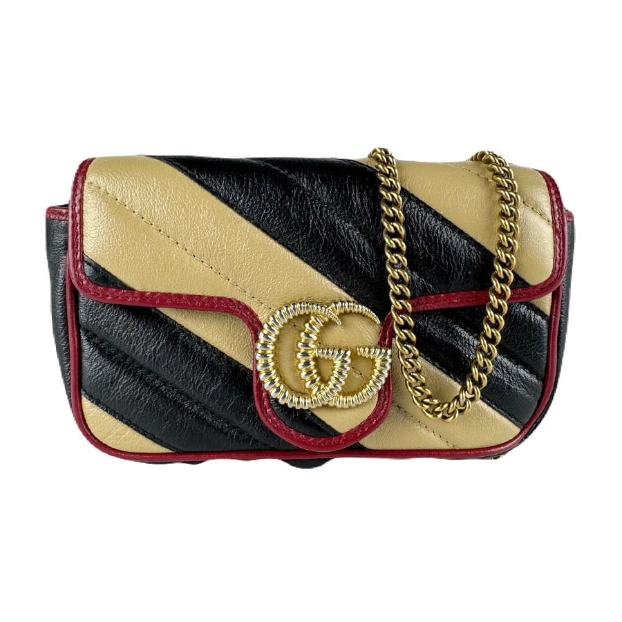 GUCCI GG MARMONT SHOULDER BAG BEIGE/BLACK/RED LEATHER/GOLDTONE SHOULDER BAG: GUCCI GG Marmont Shoulder Bag Beige/Black/Red Leather/Goldtone Shoulder Bag Brand: GUCCI Type: Shoulder Bag Material: Leather Color: Beige X Black X Red Size: W:6.3inx H:3.9inx D:1.6in Shoulder Le