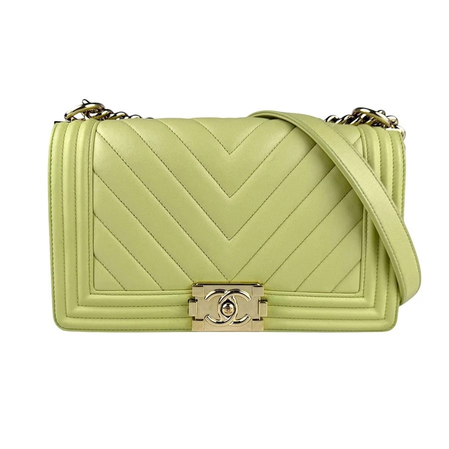 CHANEL BOY BAG SHOULDER BAG LIGHT YELLOW GREEN/LIGHT GOLD LEATHER SHOULDER BAG (1 of 12)