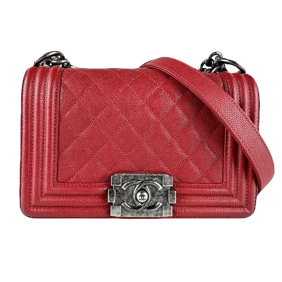 CHANEL BOY BAG CHAIN SHOULDER BAG RED LEATHER/METAL SHOULDER BAG (1 of 11)