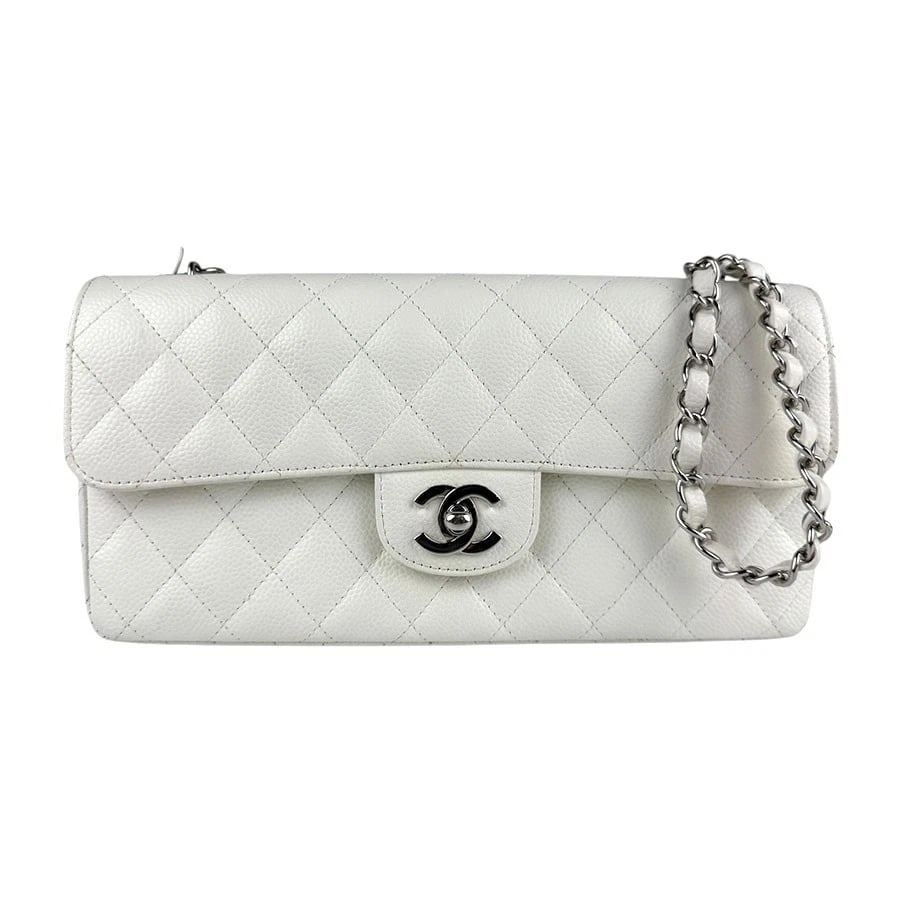 CHANEL MATELASSE CHIAN SHOULDER BAG WHITE LEATHER/SILVERTONE SHOULDER BAG: CHANEL Matelasse Chian Shoulder Bag White Leather/Silvertone Shoulder Bag Brand: CHANEL Type: Shoulder Bag Material: Caviar skin leather Color: White Size: W:9.8inx H:5.1inx D:2.0in Shoulder Lengt