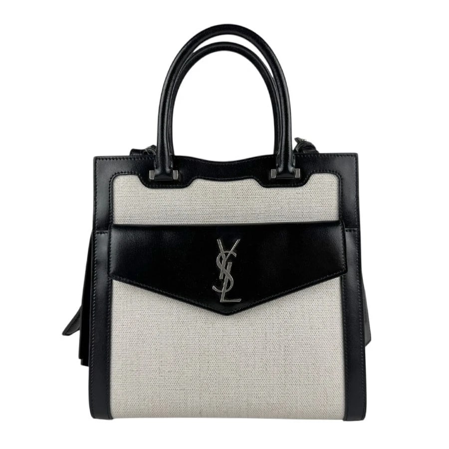 SAINT LAURENT UPTOWN HANDBAG SHOULDER BAG BLACK/WHITE COATED CANVAS HANDBAG: SAINT LAURENT Uptown Handbag Shoulder Bag Black/White Coated Canvas Handbag Brand: SAINT LAURENT Type: Handbag Material: leather Color: Black X White Size: W:9.1inx H:9.1inx D:4.7in Handle
