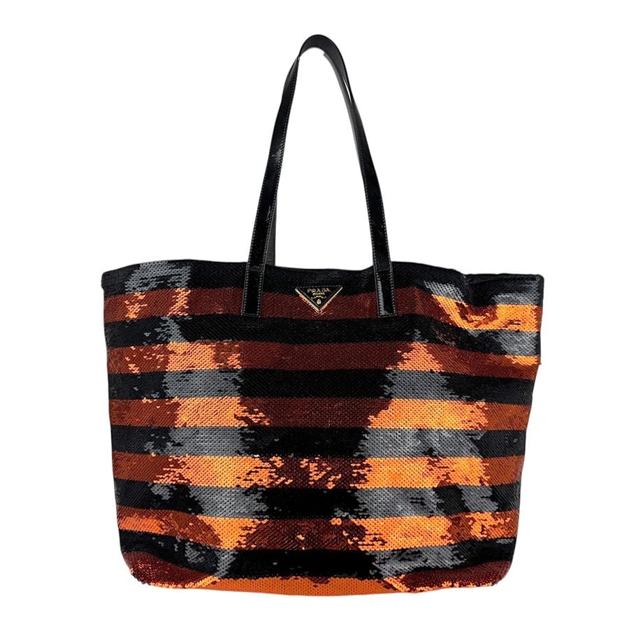 PRADA SHOULDER BAG TOTE BAG BLACK/ORANGE SEQUIN/PATENT LEATHER SHOULDER BAG: PRADA Shoulder Bag Tote Bag Black/Orange Sequin/Patent Leather Shoulder Bag Brand: PRADA Type: Shoulder Bag Material: Sequin Color: Black / Orange Size: W:13.4inx H:12.6inx D:7.5in Shoulder Length