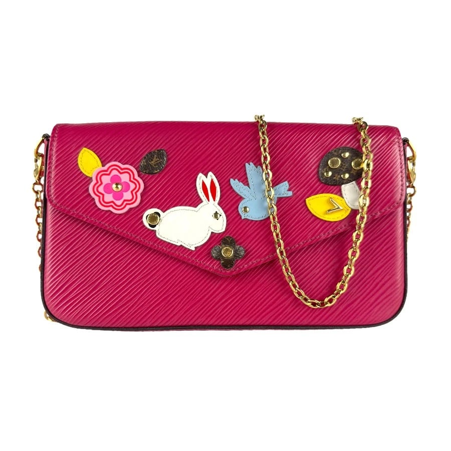 LOUIS VUITTON EPI POCHETTE FELICIE CHAIN WALLET PINK LEATHER CHAIN WALLET: LOUIS VUITTON Epi Pochette Felicie Chain Wallet Pink Leather Chain Wallet Brand: LOUIS VUITTON Type: Chain Wallet Material: Epi Leather Color: Pink Size: W:8.3inx H:5.1inx D:1.2in Shoulder Length: