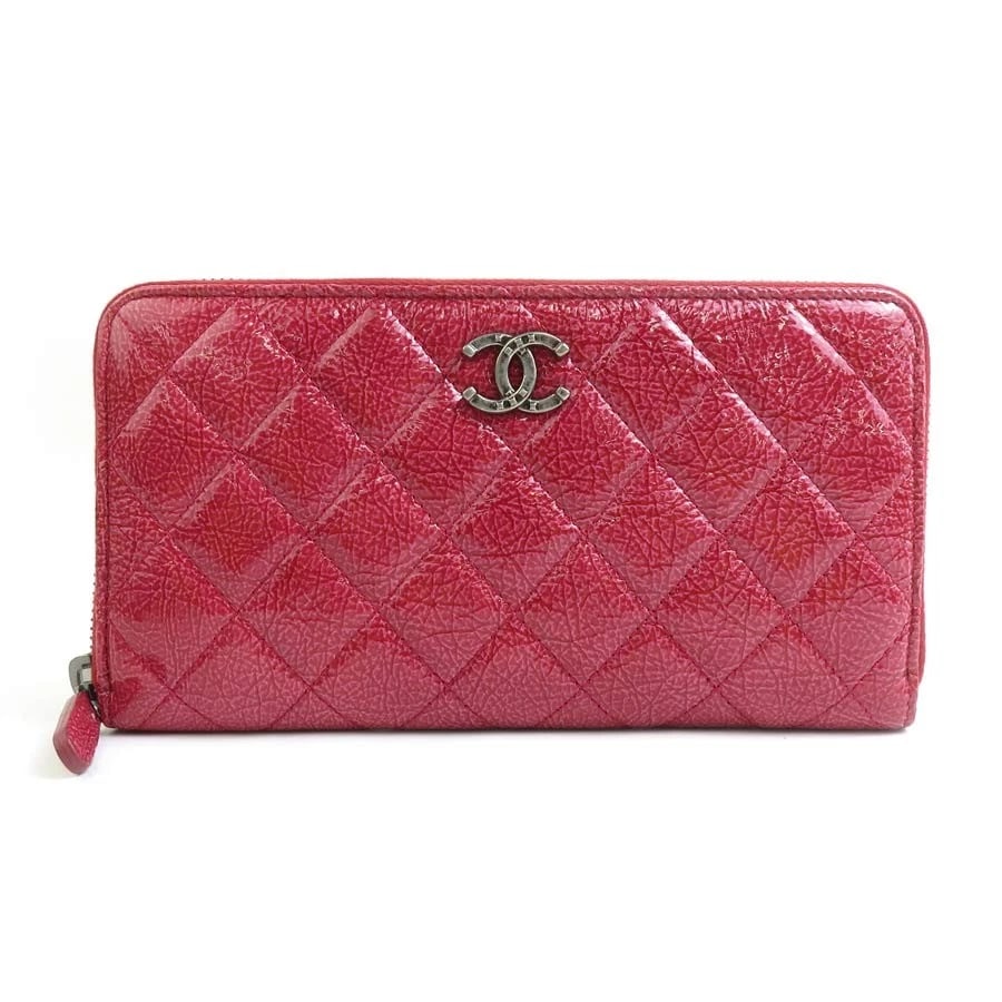 CHANEL ZIP AROUND LONG WALLET PINK RED PATENT LEATHER ZIP AROUND LONG WALLET (1 of 4)
