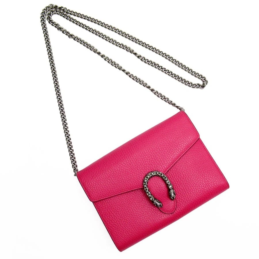 GUCCI DIONYSUS CHAIN WALLET PINK LEATHER CHAIN WALLET: GUCCI Dionysus Chain wallet pink leather Chain Wallet Brand: GUCCI Type: Chain Wallet Material: leather Color: Pink Size: W:7.9inx H:5.9inx D:1.2in Shoulder Length: 48.0in Accessories: None