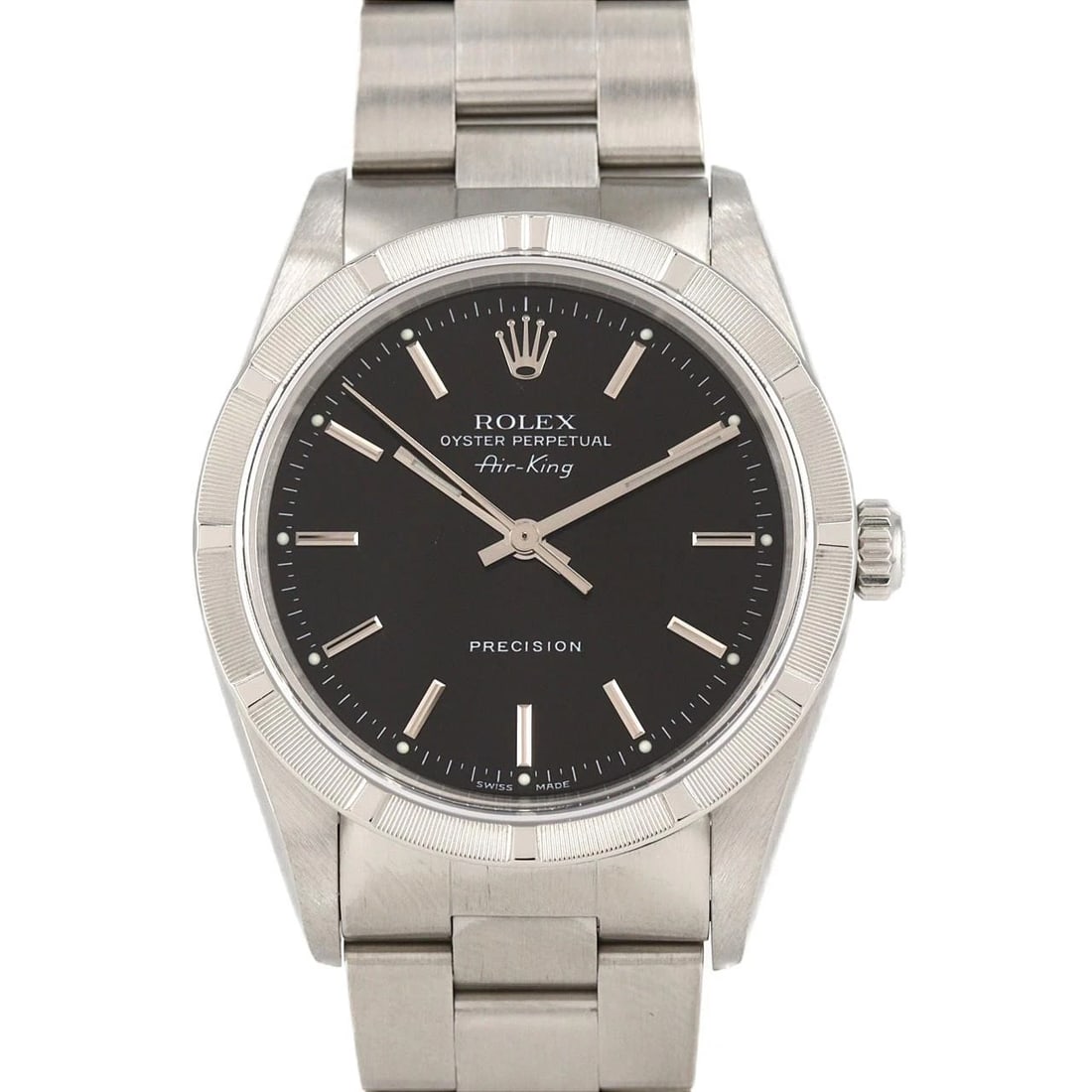 ROLEX AIR KING STAINLESS STEEL WATCH: Rolex Air King Stainless Steel Watch Brand: ROLEX Type: Wrist watch Material: Case: Stainless Steel Breath: Stainless Steel Color: Dial Color: Black Size: Case diameter: Approx. 34 mm Max