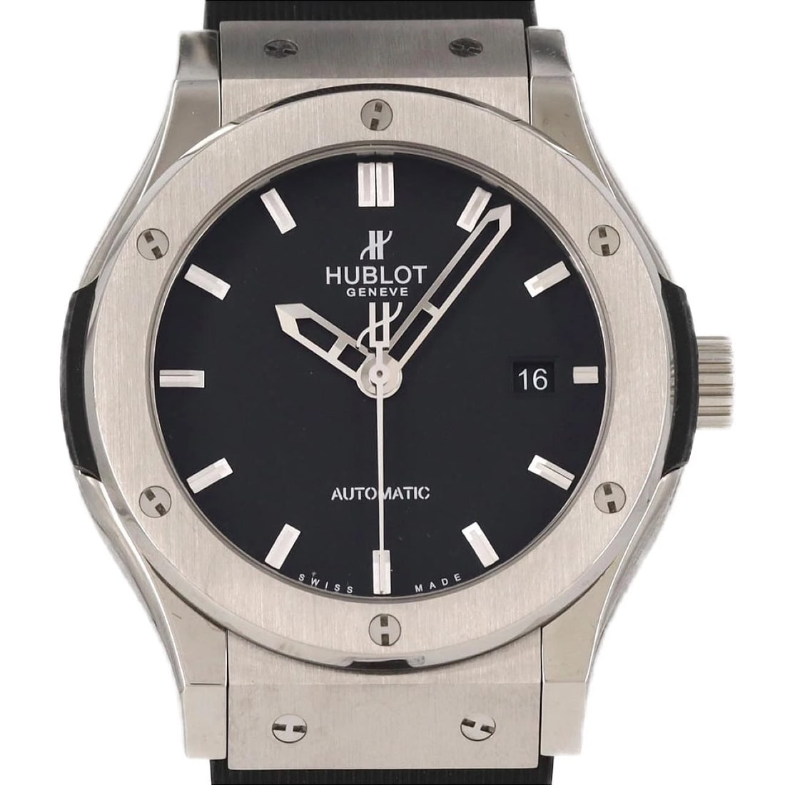 HUBLOT CLASSIC FUSION TITANIUM WATCH: Hublot Classic Fusion Titanium Watch Brand: Hublot Type: Wristwatch Material: Case: Titanium Bracelet: Rubber Color: Dial Colors: Black Band color : Black Size: Case diameter: 42mm 