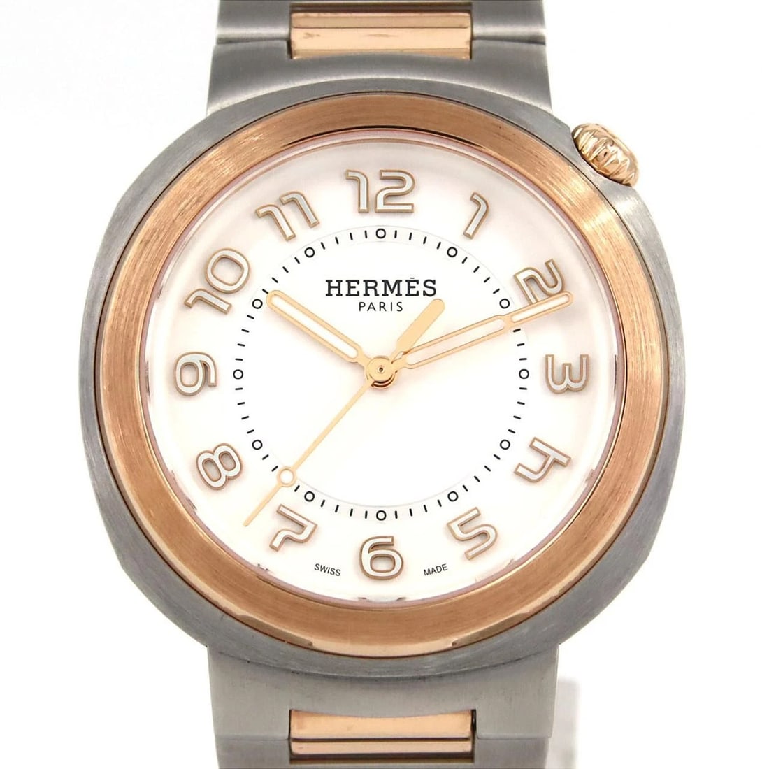 HERMES SSXPG WATCH: HERMES SSxPG Watch Brand: HERMES Type: Wristwatch Material: Case: SST x Pink gold Bracelet: SST x Pink gold Color: Dial Colors: Silver Arabia Size: Case diameter: 36mm Max Wrist size: 15cm 