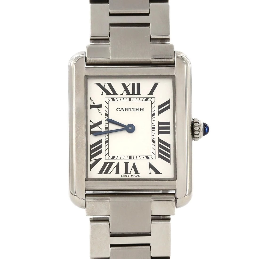 CARTIER TANK SOLO SS WATCH: Cartier Tank Solo SS Watch Brand: Cartier Type: Wristwatch Material: Case: SST Bracelet: SST Color: Dial Colors: Silver Roman Size: Case diameter: 24x30.5mm Max Wrist size: 17cm Accessories: