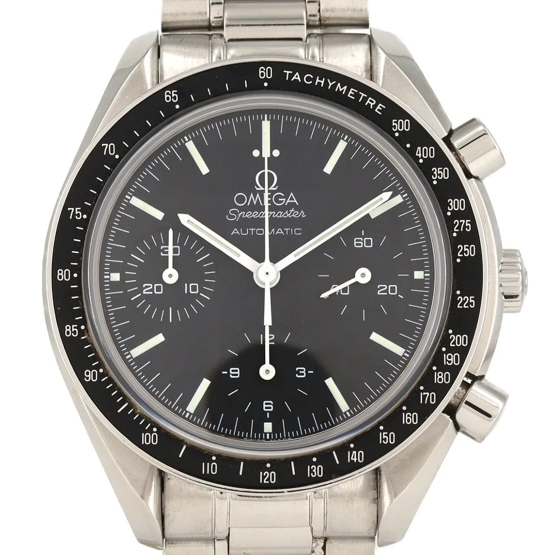 OMEGA SPEEDMASTER SS WATCH: OMEGA Speedmaster SS Watch Brand: OMEGA Type: Wristwatch Material: Case: SST Bracelet: SST Color: Dial Colors: Black Size: Case diameter: 39mm Max Wrist size: 19.5cm Accessories: None Acce