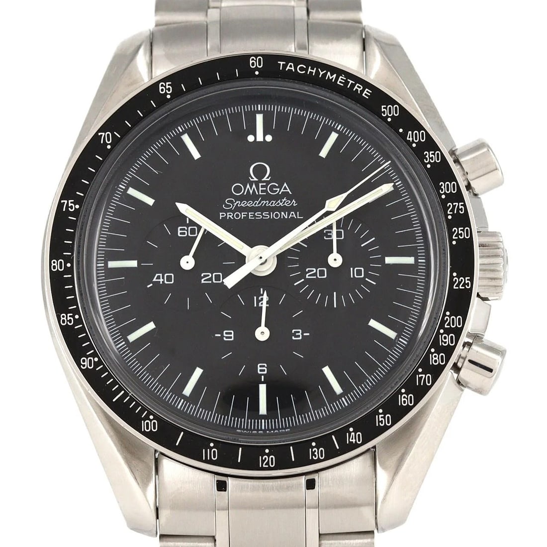 OMEGA SPEEDMASTER SS WATCH: OMEGA Speedmaster SS Watch Brand: OMEGA Type: Wristwatch Material: Case: SST Bracelet: SST Color: Dial Colors: Black Size: Case diameter: 42mm Max Wrist size: 17.5cm Accessories: None Acce