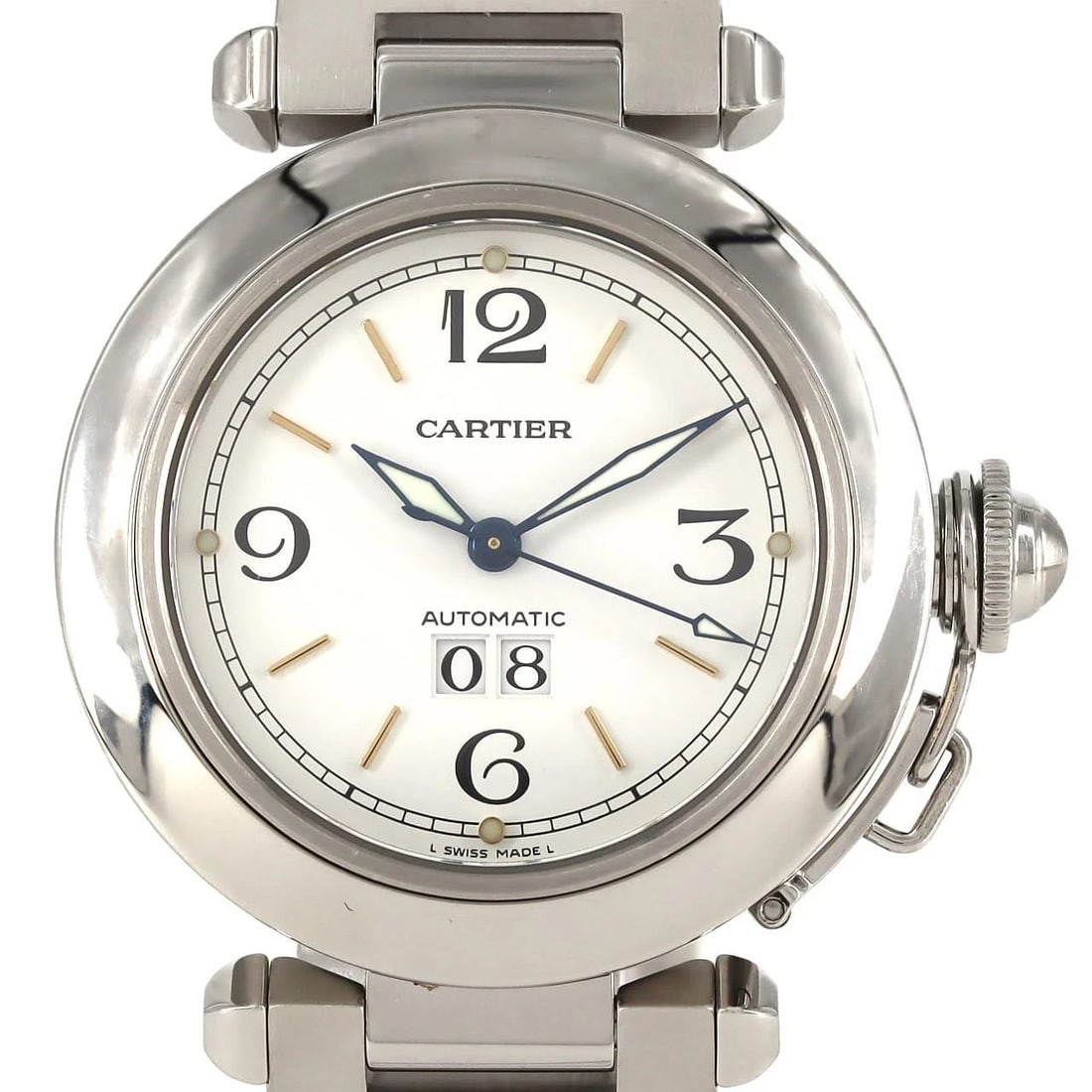 CARTIER PASHA GRANDE SS WATCH: Cartier Pasha Grande SS Watch Brand: Cartier Type: Wristwatch Material: Case: SST Bracelet: SST Color: Dial Colors: White Size: Case diameter: 35mm Max Wrist size: 19.5cm Accessories: None