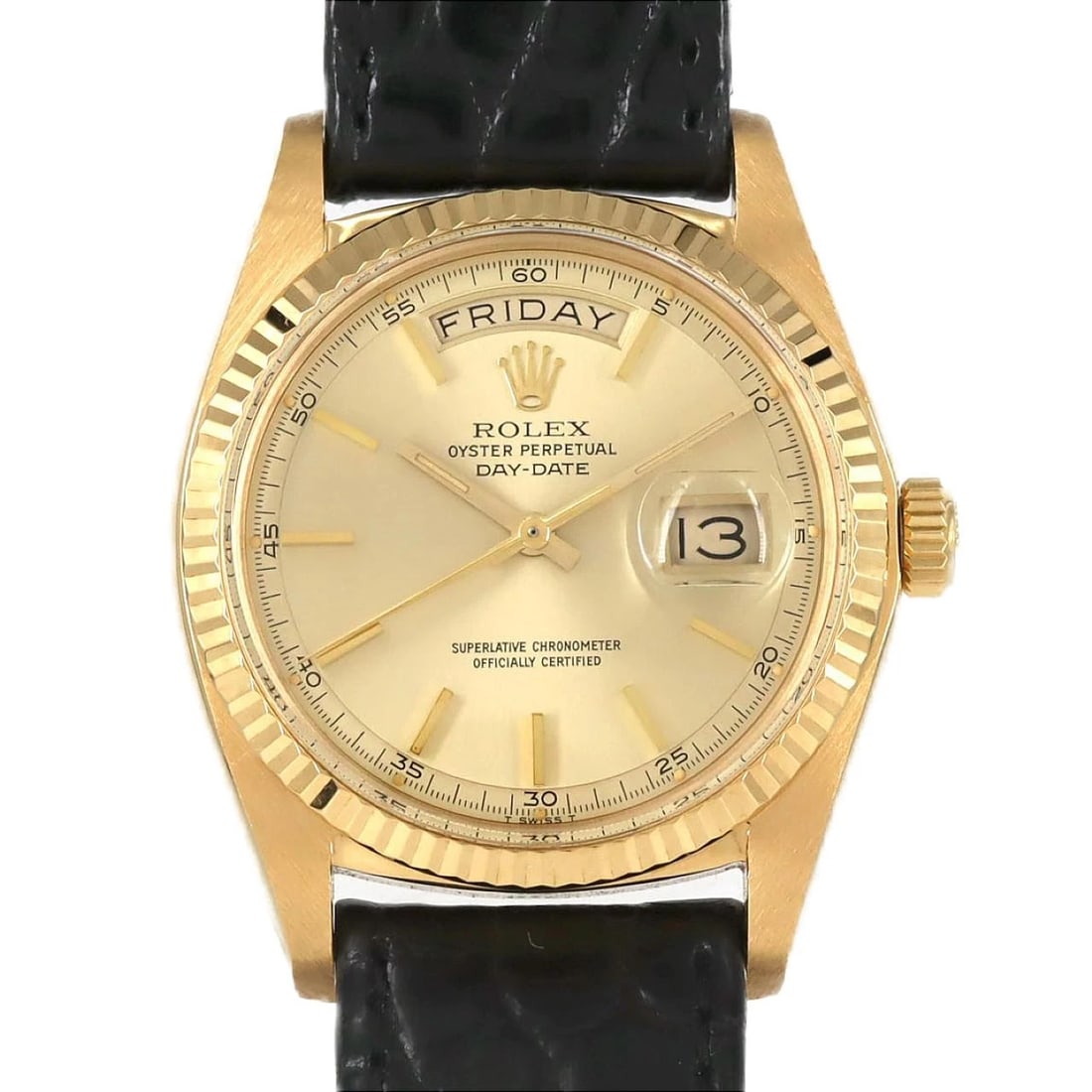ROLEX YG WATCH: Rolex YG Watch Brand: ROLEX Type: Wrist watch Material: Case: Yellow gold Bracelet: Strap Color: Dial Color: Gold Band Color: Black Size: Case diameter: Approx. 36mm Accessories: None