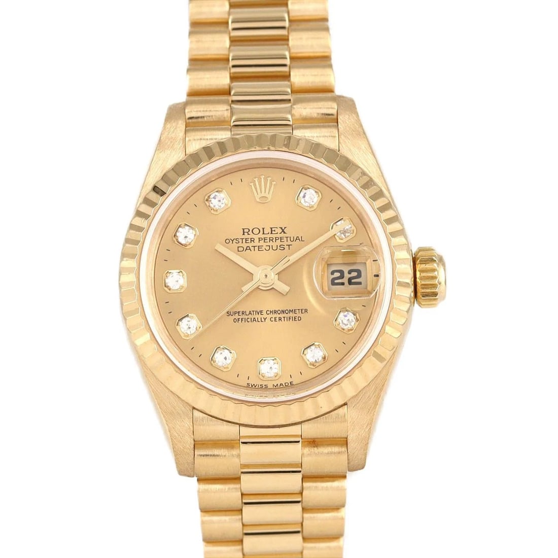 ROLEX DATEJUST YG WATCH: ROLEX Datejust YG Watch Brand: ROLEX Type: Wristwatch Material: Case: Yellow Gold Bracelet: Yellow Gold Color: Dial Colors: Gold Diamond Size: Case diameter: 26mm Max Wrist size: 15.5cm 