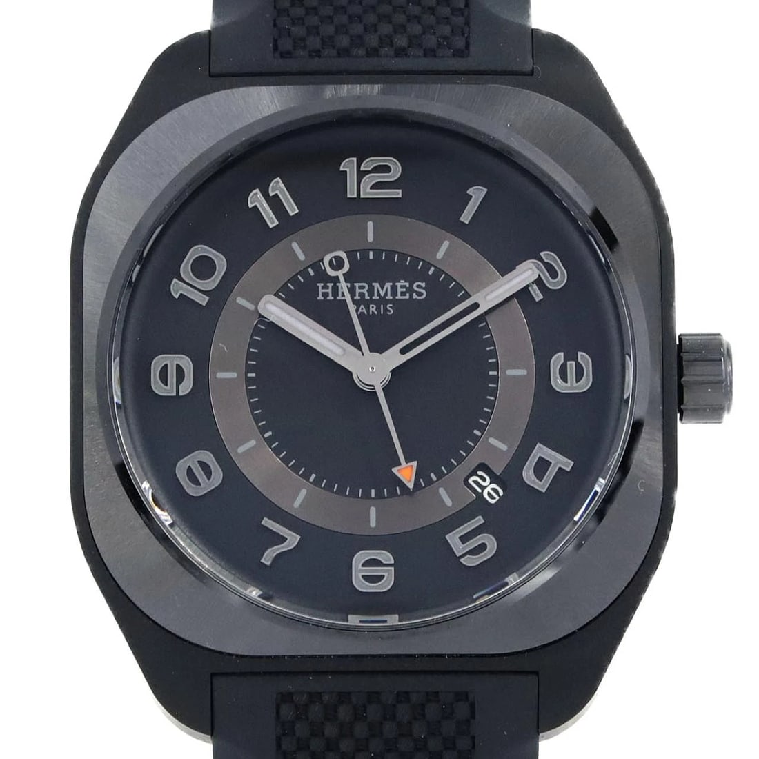 HERMES RUBBER WATCH: HERMES Rubber Watch Brand: HERMES Type: Wristwatch Material: Case: Bracelet: Rubber Color: Dial Colors: Black arabic Band color : Black Size: Case diameter: 39x46.5mm Accessories: None Acc
