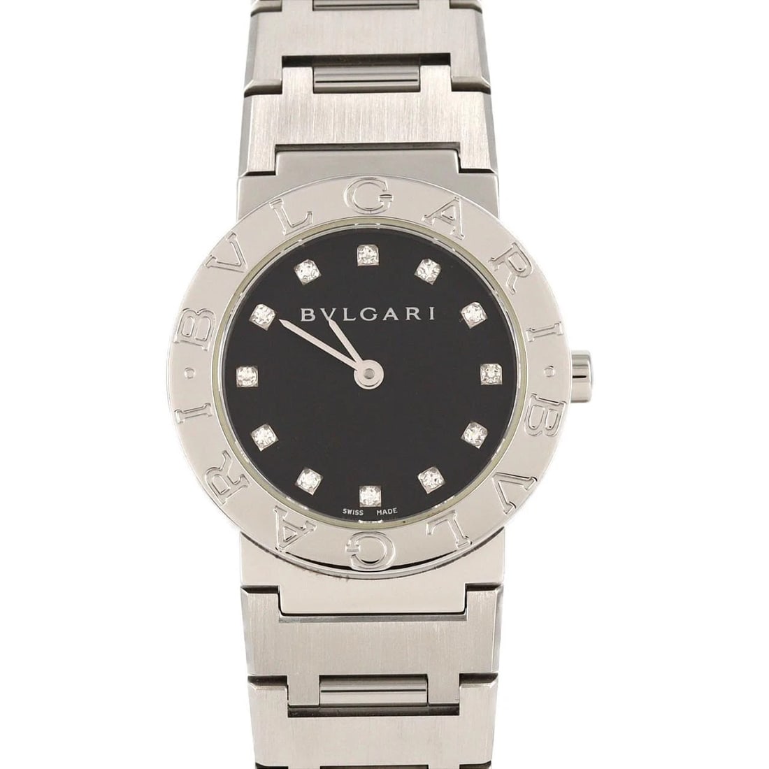 BVLGARI SS WATCH: BVLGARI SS Watch Brand: BVLGARI Type: Wristwatch Material: Case: SST Bracelet: SST Color: Dial Colors: Black Diamond Size: Case diameter: 26mm Max Wrist size: 18cm Accessories: None Access