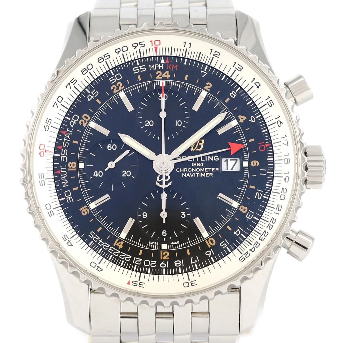 BREITLING NAVI CHRONOGRAPH WATCH: BREITLING Navi Chronograph Watch Brand: BREITLING Type: Wristwatch Material: Case: SST Bracelet: SST Color: Dial Colors: Black Size: Case diameter: 46mm Max Wrist size: 20cm Accessories: None