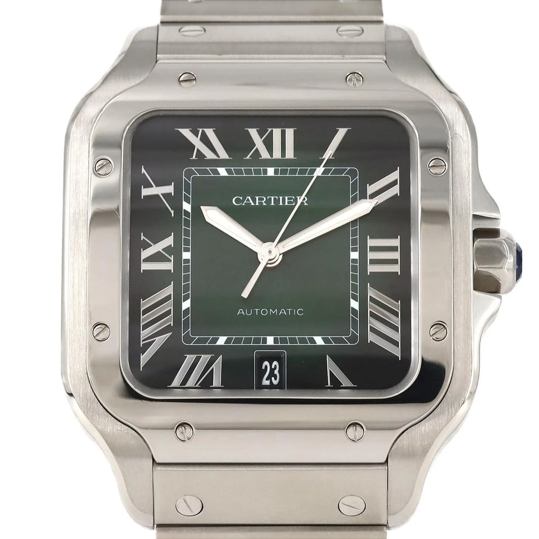 CARTIER SANTOS STAINLESS STEEL WATCH: Cartier Santos Stainless Steel Watch Brand: CARTIER Type: Wrist watch Material: Case: Stainless Steel Breath: Stainless Steel Color: Dial color: Green/Roman Size: Case diameter: 37.5 x 47 mm