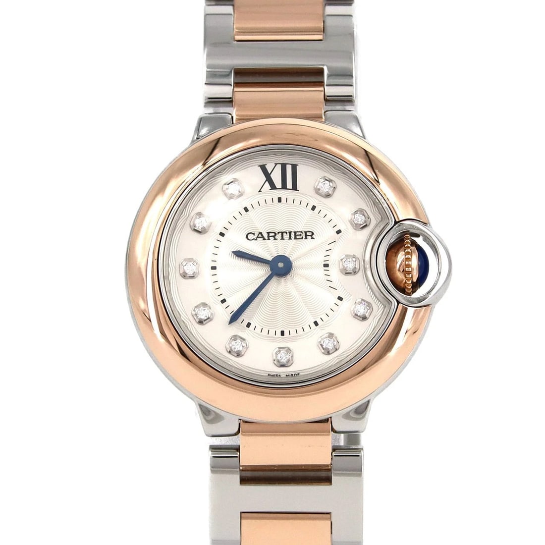 CARTIER BALLON BLEU SSXPG WATCH: Cartier Ballon Bleu SSxPG Watch Brand: Cartier Type: Wristwatch Material: Case: SST x Pink gold Bracelet: SST x Pink gold Color: Dial Colors: Silver Diamond Size: Case diameter: 28mm Max Wrist
