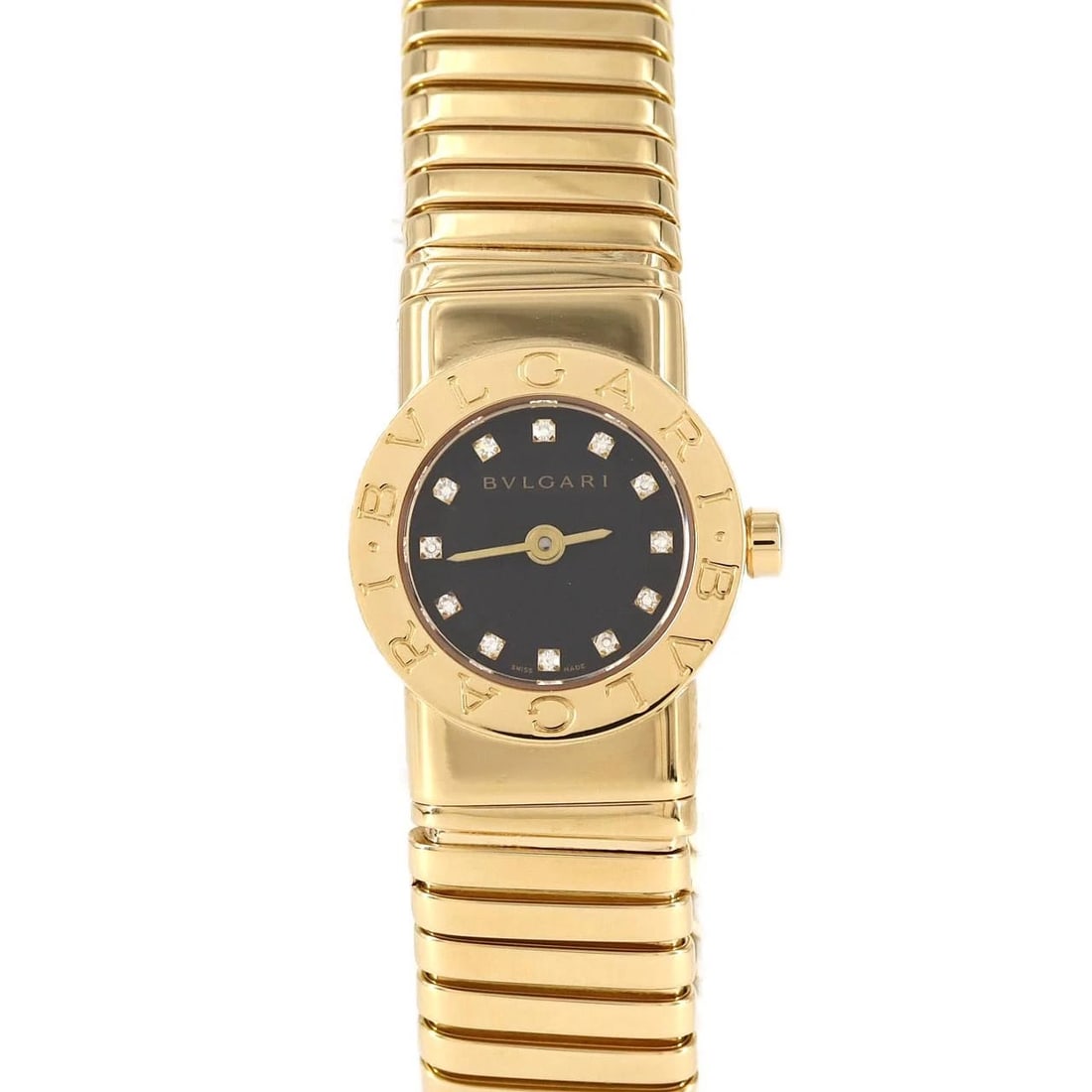 BVLGARI TUBOGAS YG WATCH: BVLGARI Tubogas YG Watch Brand: BVLGARI Type: Wristwatch Material: Case: Yellow Gold Bracelet: Yellow Gold Color: Dial Colors: Black Diamond Size: Case diameter: 19mm Max Wrist size: 15.0cm 