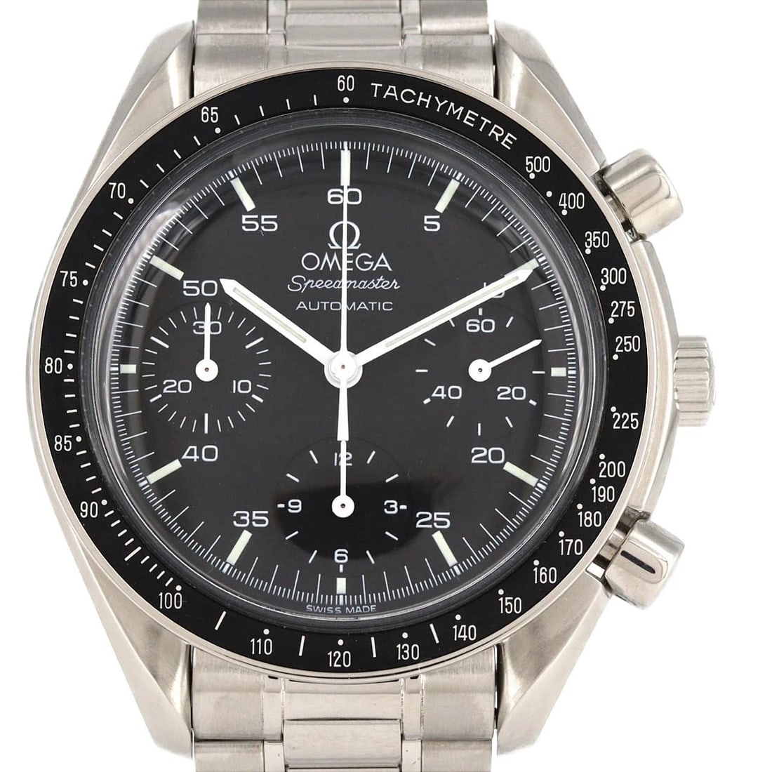 OMEGA SPEEDMASTER SS WATCH: OMEGA Speedmaster SS Watch Brand: OMEGA Type: Wristwatch Material: Case: SST Bracelet: SST Color: Dial Colors: Black Size: Case diameter: 39mm Max Wrist size: 19.5cm Accessories: None Acce