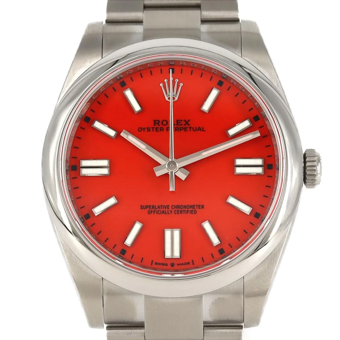ROLEX OYSTER PERPETUAL SS WATCH: ROLEX Oyster Perpetual SS Watch Brand: ROLEX Type: Wristwatch Material: Case: SST Bracelet: SST Color: Dial Colors: coral red Size: Case diameter: 41mm Max Wrist size: 17cm Accessories: None