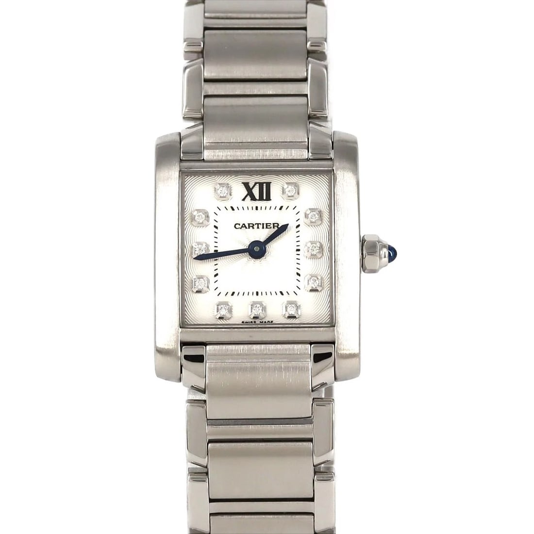 CARTIER TANK FRANCAISE SS WATCH: Cartier Tank Francaise SS Watch Brand: Cartier Type: Wristwatch Material: Case: SST Bracelet: SST Color: Dial Colors: Silver Diamond Size: Case diameter: 20x25mm Max Wrist size: 15cm Accessories: