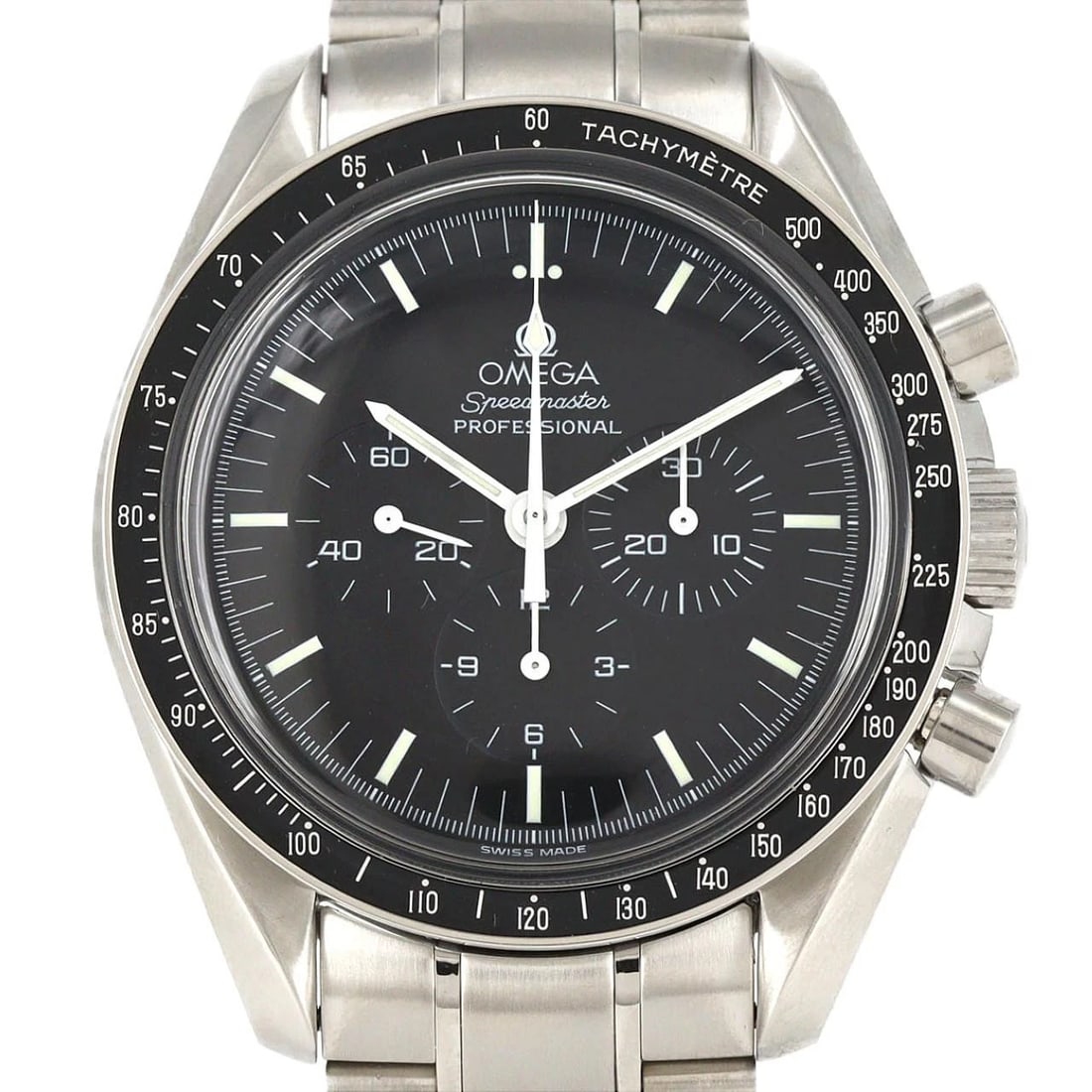 OMEGA SPEEDMASTER SS WATCH: OMEGA Speedmaster SS Watch Brand: OMEGA Type: Wristwatch Material: Case: SST Bracelet: SST Color: Dial Colors: Black Size: Case diameter: 42mm Max Wrist size: 20cm Accessories: None