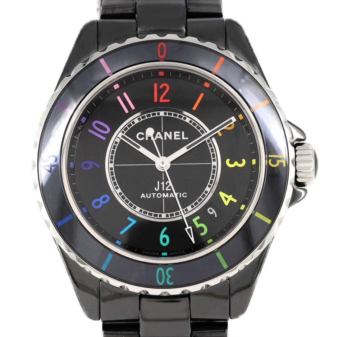 CHANEL J12 ELECTRO CALIBER WATCH: CHANEL J12 Electro Caliber Watch Brand: CHANEL Type: Wristwatch Material: Case: ceramic Bracelet: ceramic Color: Dial Colors: Black arabic Size: Case diameter: 38mm Max Wrist size: 19.5cm 