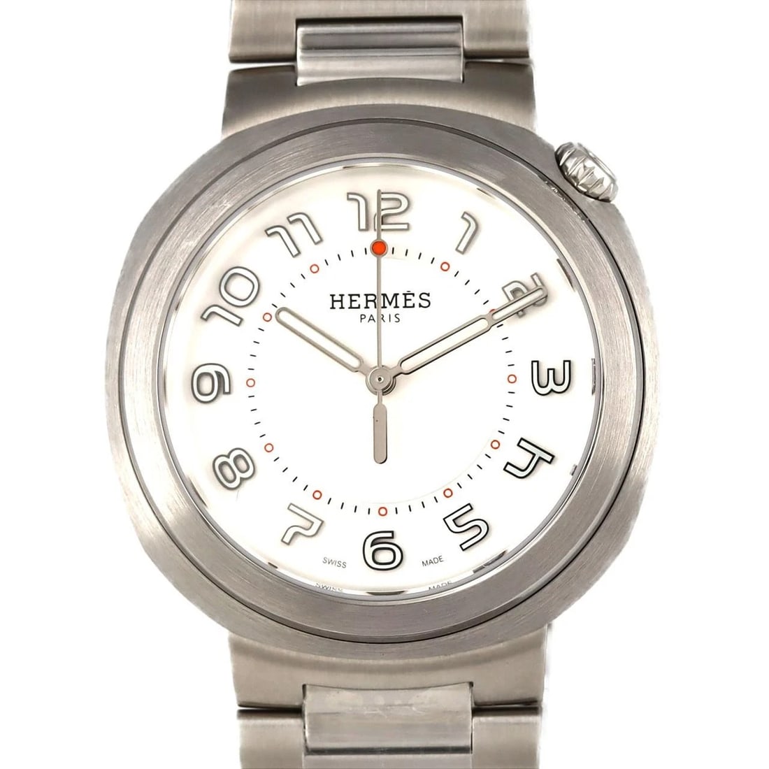 HERMES SS WATCH: HERMES SS Watch Brand: HERMES Type: Wristwatch Material: Case: SST Bracelet: SST Color: Dial Colors: Silver Arabia Size: Case diameter: 36mm Max Wrist size: 15.5cm Accessories: None Access