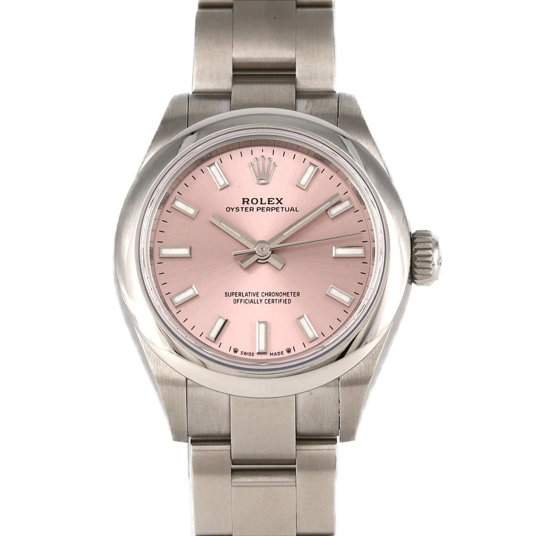 ROLEX OYSTER PERPETUAL SS WATCH: ROLEX Oyster Perpetual SS Watch Brand: ROLEX Type: Wristwatch Material: Case: SST Bracelet: SST Color: Dial Colors: Pink Size: Case diameter: 28mm Max Wrist size: 16.5cm Accessories: None