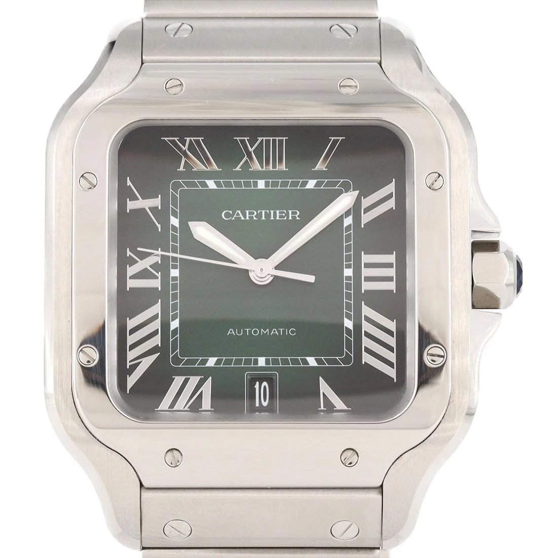 CARTIER SANTOS STAINLESS STEEL WATCH: Cartier Santos Stainless Steel Watch Brand: CARTIER Type: Wrist watch Material: Case: Stainless Steel Breath: Stainless Steel Color: Dial color: Green/Roman Size: Case diameter: 37.5 x 47 mm