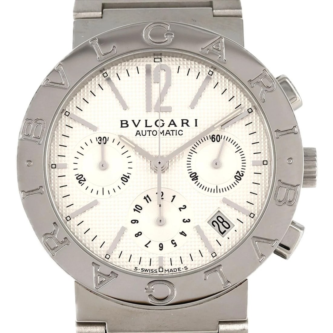 BVLGARI CHRONOGRAPH SS WATCH: BVLGARI Chronograph SS Watch Brand: BVLGARI Type: Wristwatch Material: Case: SST Bracelet: SST Color: Dial Colors: Silver Size: Case diameter: 38mm Max Wrist size: 19cm Accessories: None