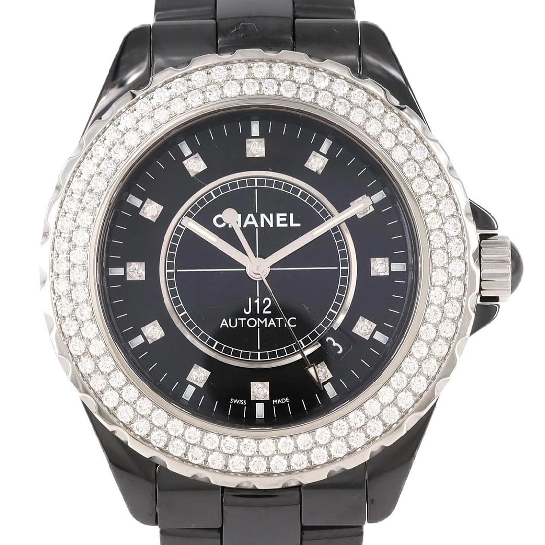 CHANEL J12 CERAMIC WATCH: CHANEL J12 ceramic Watch Brand: CHANEL Type: Wristwatch Material: Case: ceramic Bracelet: ceramic Color: Dial Colors: Black Diamond Size: Case diameter: 42mm Max Wrist size: 20cm Accessories: