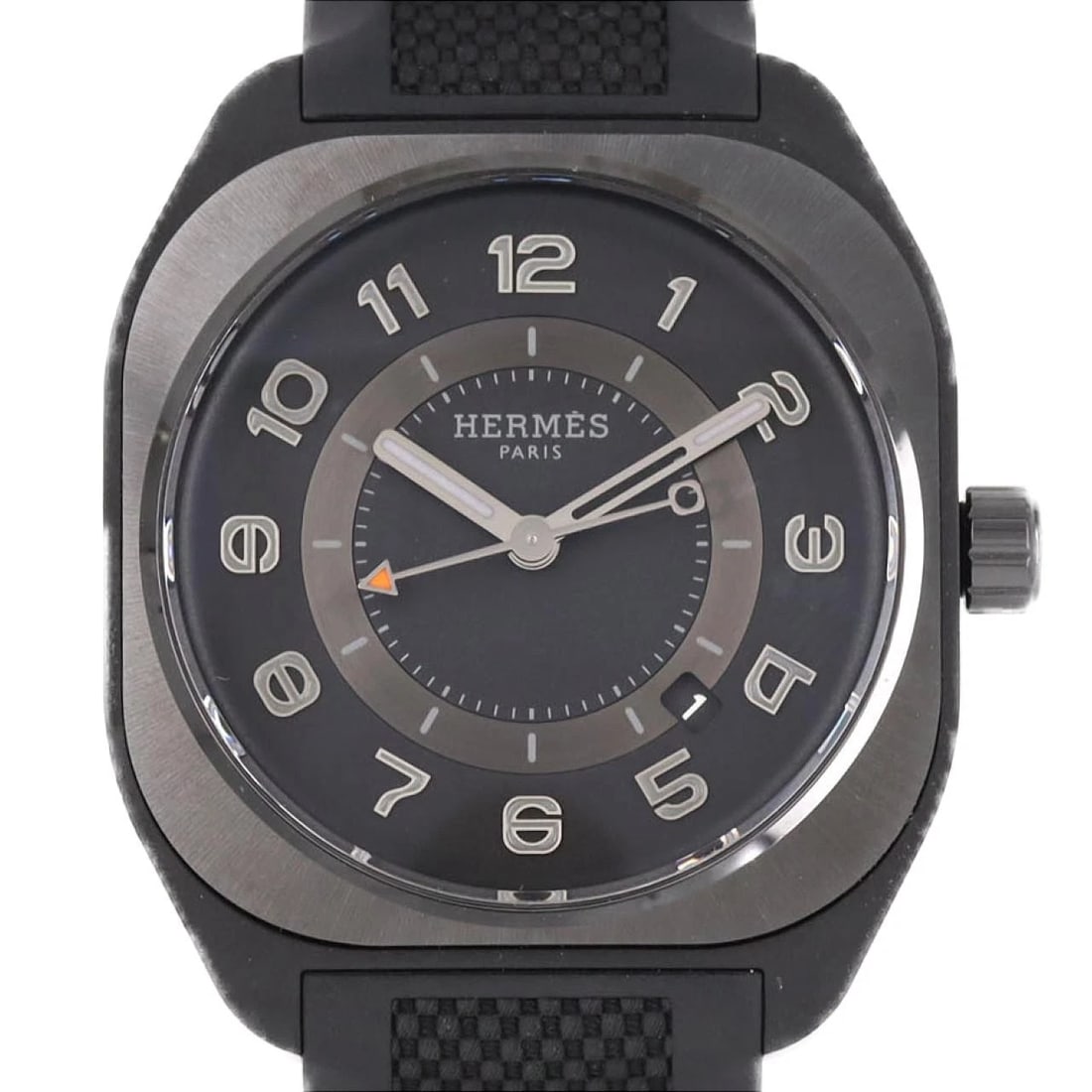 HERMES RUBBER WATCH: HERMES Rubber Watch Brand: HERMES Type: Wristwatch Material: Case: Bracelet: Rubber Color: Dial Colors: Black arabic Band color : Black Size: Case diameter: 39x46mm Accessories: None Acces