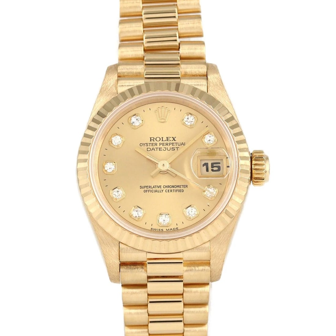 ROLEX DATEJUST YG WATCH: Rolex Datejust YG Watch Brand: ROLEX Type: Wrist watch Material: Case: Yellow gold Bracelet: Yellow gold Color: Dial color: Gold/Diamond Size: Case diameter: Approx. 26mm Max wrist