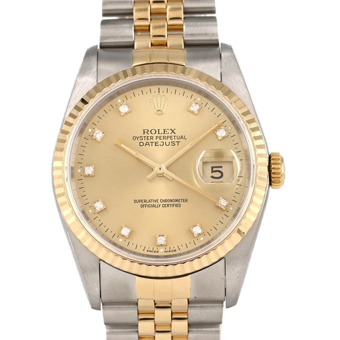 ROLEX DATEJUST SSXYG WATCH: ROLEX Datejust SSxYG Watch Brand: ROLEX Type: Wristwatch Material: Case: SST x Yellow Gold Bracelet: SST x Yellow Gold Color: Dial Colors: Gold Diamond Size: Case diameter: 36mm Max Wrist