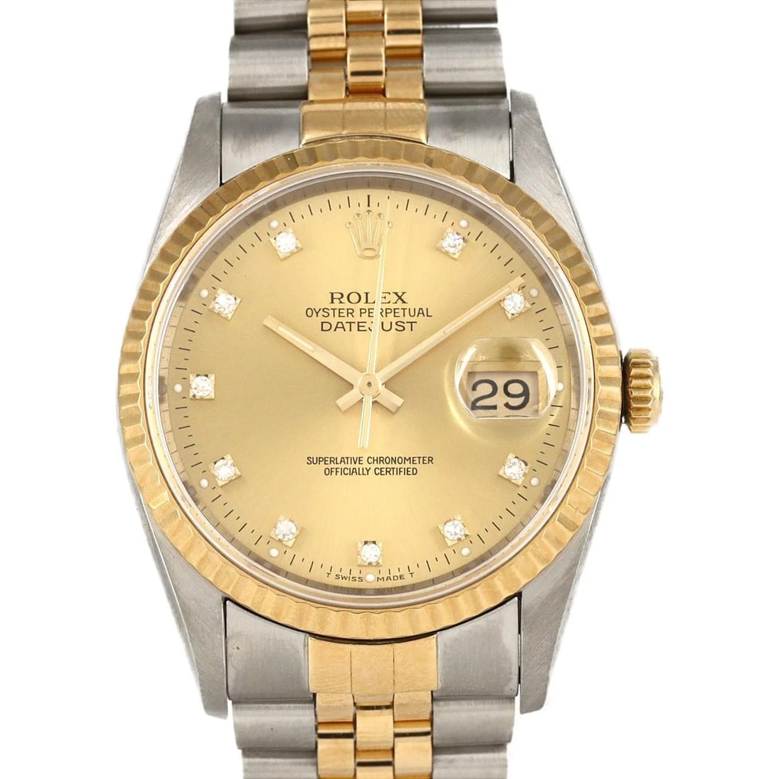 ROLEX DATEJUST SSXYG WATCH: ROLEX Datejust SSxYG Watch Brand: ROLEX Type: Wristwatch Material: Case: SST x Yellow Gold Bracelet: SST x Yellow Gold Color: Dial Colors: Gold Diamond Size: Case diameter: 36mm Max Wrist